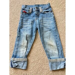 Lipstik Kids Girls Denim Jeans Rhinestone Embellished Cuffs Light Wash Size S